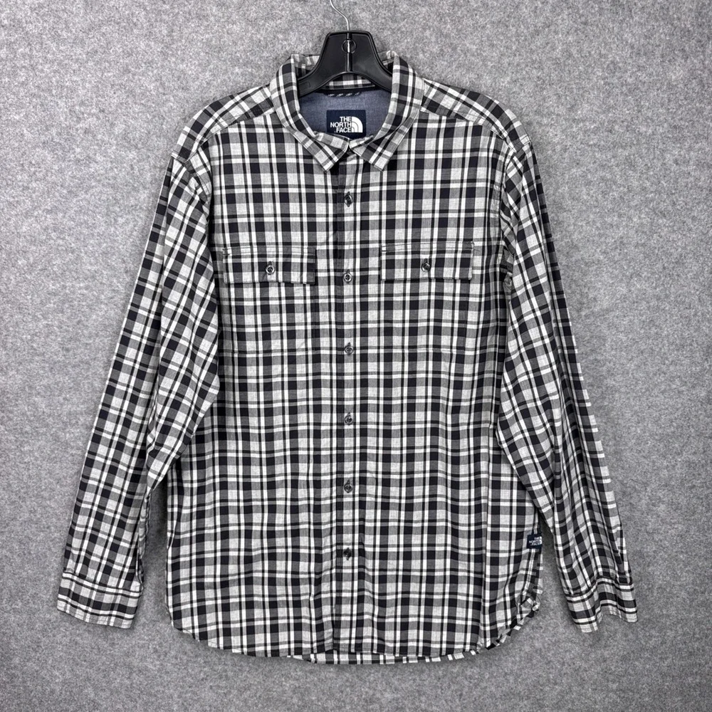 The North Face Button Down Shirt L Black White Plaid Cotton Long Sleeve A3MMU